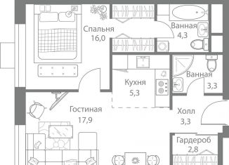 Продажа двухкомнатной квартиры, 52.9 м2, Москва, ЗАО
