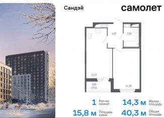 Продается 1-комнатная квартира, 40.3 м2, Санкт-Петербург, Красносельский район, жилой комплекс Сандэй, 7.2