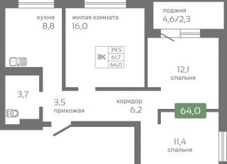 Продам трехкомнатную квартиру, 64 м2, Красноярск, Октябрьский район