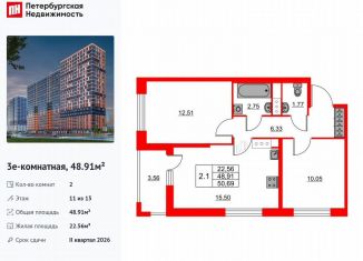 Продажа 2-ком. квартиры, 48.9 м2, деревня Новосаратовка