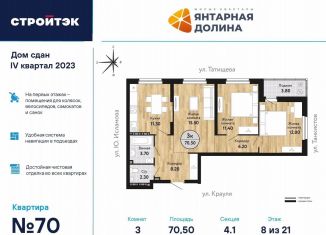 Продается 3-комнатная квартира, 71.3 м2, Екатеринбург, ЖК Янтарная Долина, улица Крауля, 170А