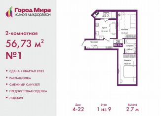 2-ком. квартира на продажу, 56.7 м2, Симферополь, ЖК Город Мира