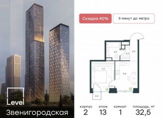 Продам 1-ком. квартиру, 32.5 м2, Москва, станция Хорошёво, жилой комплекс Левел Звенигородская, к2