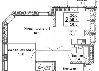 Продается двухкомнатная квартира, 58.3 м2, Волгоград
