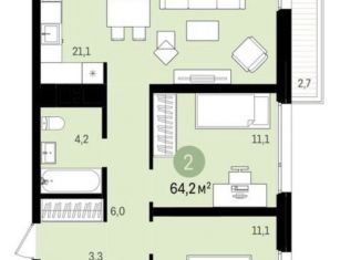 2-комнатная квартира на продажу, 64.5 м2, Новосибирск, жилой комплекс Авиатор, 1-2, ЖК Авиатор