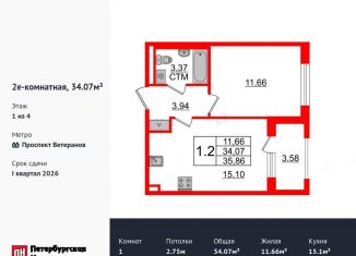 Продам 1-комнатную квартиру, 34.1 м2, Санкт-Петербург