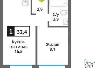 Продам 1-ком. квартиру, 32.4 м2, Московская область