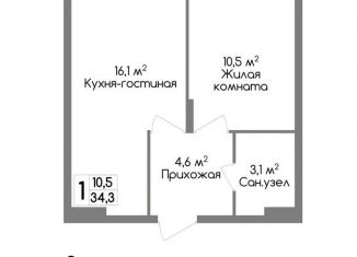1-комнатная квартира на продажу, 34.3 м2, Тула, улица Маяковского, 39