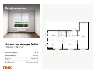 Продажа трехкомнатной квартиры, 74.6 м2, Москва, жилой комплекс Михайловский Парк, 1, Рязанский район