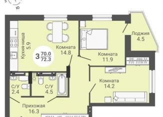 Продается трехкомнатная квартира, 72.3 м2, Новосибирская область