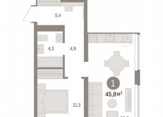 Продается однокомнатная квартира, 45.8 м2, Тюмень, ЖК Речной Порт