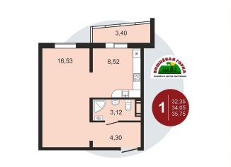 1-ком. квартира на продажу, 35.9 м2, посёлок Западный, улица имени Генерала Костицына, 47