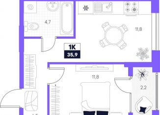 Продам 1-комнатную квартиру, 35.9 м2, Тюмень, Калининский округ