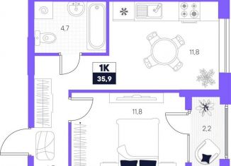 Продам 1-ком. квартиру, 35.9 м2, Тюмень, Калининский округ