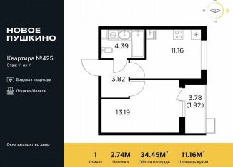 1-комнатная квартира на продажу, 34.5 м2, Пушкино