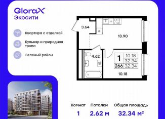 Продается 1-комнатная квартира, 32.3 м2, Казань