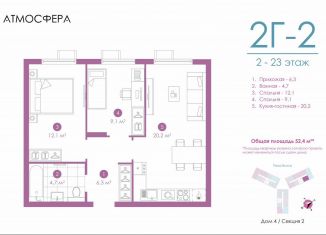 Продаю 2-комнатную квартиру, 52.2 м2, Астрахань, улица Бехтерева, 12/4, ЖК Атмосфера