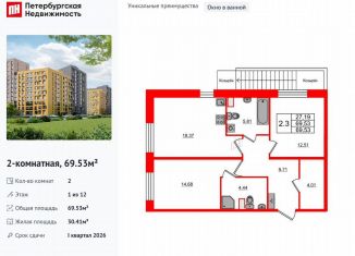 Продам двухкомнатную квартиру, 69.5 м2, Санкт-Петербург, метро Озерки