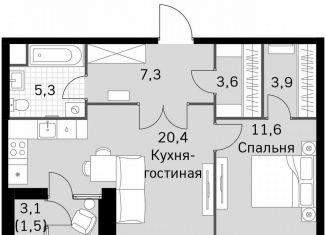 1-комнатная квартира на продажу, 53.6 м2, Москва, Строительный проезд, 9с9, район Покровское-Стрешнево