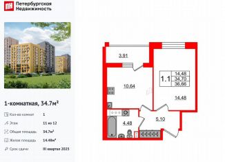 Продам однокомнатную квартиру, 34.7 м2, Санкт-Петербург