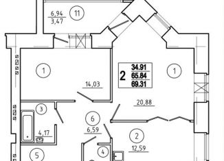 2-комнатная квартира на продажу, 70.5 м2, Омск, улица Булгакова, 6