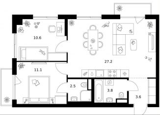 Продам 2-комнатную квартиру, 60 м2, Москва