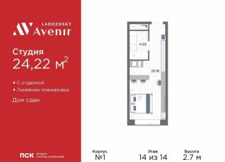 Продается квартира студия, 24.2 м2, Санкт-Петербург, Магнитогорская улица, 51литЗ, муниципальный округ Большая Охта