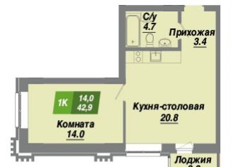 Продается однокомнатная квартира, 42.9 м2, Новосибирская область