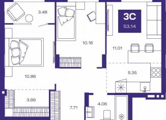 Продам 3-ком. квартиру, 53.1 м2, рабочий посёлок Краснообск