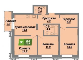 Продается 3-ком. квартира, 70.9 м2, Новосибирск