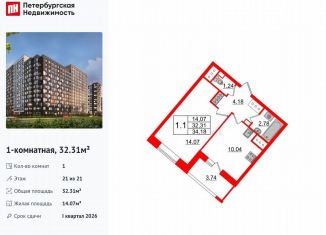 Продаю однокомнатную квартиру, 32.3 м2, Санкт-Петербург, метро Улица Дыбенко