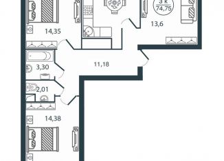 Продается 3-комнатная квартира, 74.8 м2, Тверь, улица Левитана, 72Б