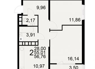 Продажа 2-комнатной квартиры, 56.8 м2, Рязань