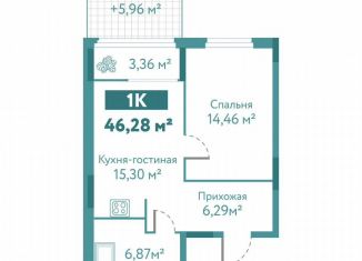 Продаю 1-ком. квартиру, 46.3 м2, Тюмень, улица Павла Никольского, 10к1блок1, ЖК Акватория