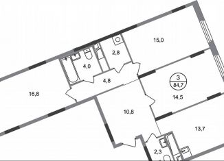 Продается трехкомнатная квартира, 84.7 м2, деревня Рассказовка, деревня Рассказовка, 2