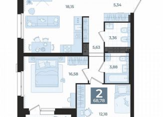 2-комнатная квартира на продажу, 68.8 м2, Екатеринбург, улица Викулова, 41Б, метро Площадь 1905 года