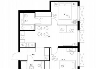 Продается двухкомнатная квартира, 51.9 м2, Москва, ВАО