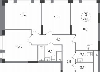 Продам 3-комнатную квартиру, 74.1 м2, Москва