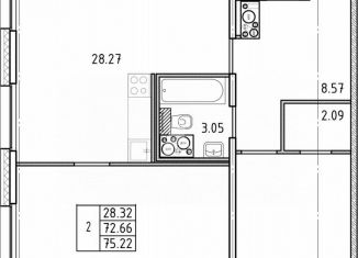 Продам 2-ком. квартиру, 74.4 м2, Санкт-Петербург, набережная реки Каменки, 13к1, метро Проспект Просвещения