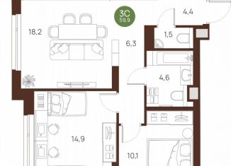 Продается 2-комнатная квартира, 59.9 м2, Новосибирск, метро Октябрьская