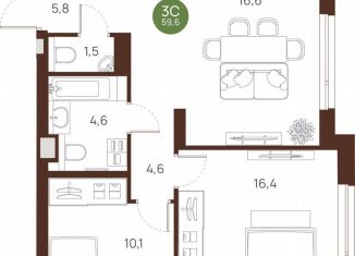 Продается 2-ком. квартира, 59.6 м2, Новосибирск, метро Площадь Ленина, улица Ясный Берег, 30/2