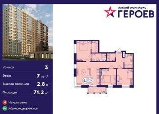 Продается трехкомнатная квартира, 71.2 м2, Балашиха, ЖК Героев