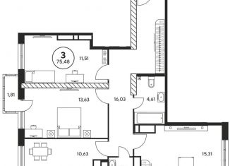 Продам 3-ком. квартиру, 75.5 м2, Ростов-на-Дону, Ашхабадский переулок, 2/46, ЖК Ленина, 46