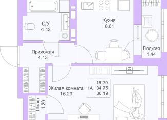Однокомнатная квартира на продажу, 36.2 м2, Казань