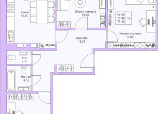 Продаю 3-ком. квартиру, 75.3 м2, Казань, ЖК Светлая Долина, улица Александра Курынова, 1/4