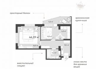 2-комнатная квартира на продажу, 46.3 м2, Новосибирск, улица Коминтерна, 120с6, метро Золотая Нива