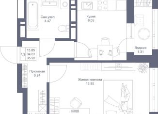 1-комнатная квартира на продажу, 35.9 м2, Татарстан