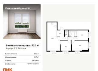 Продаю трехкомнатную квартиру, 72.3 м2, Москва, метро Царицыно