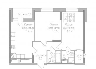 2-комнатная квартира на продажу, 69.4 м2, Липецк