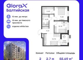 Двухкомнатная квартира на продажу, 55.7 м2, Санкт-Петербург, метро Нарвская, улица Шкапина, 43-45